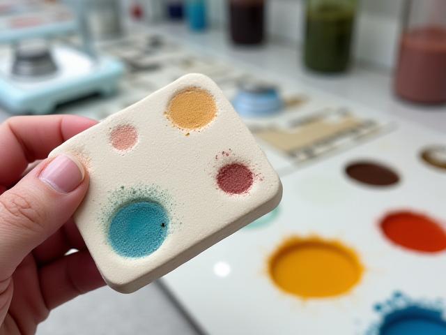 Hand, die verschiedene Keramikglasuren auf kleinen Proben testet